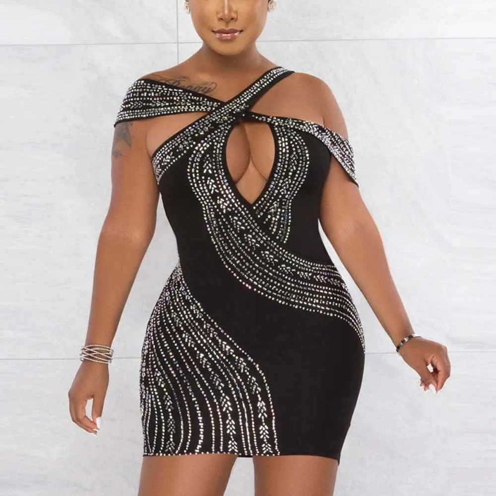 

Sexy Evening Dresses for Women Diamond Cold Shoulder Bodycon Mini Length Night Party Club Wear Clothes Vestidos Mujer Dress Hot