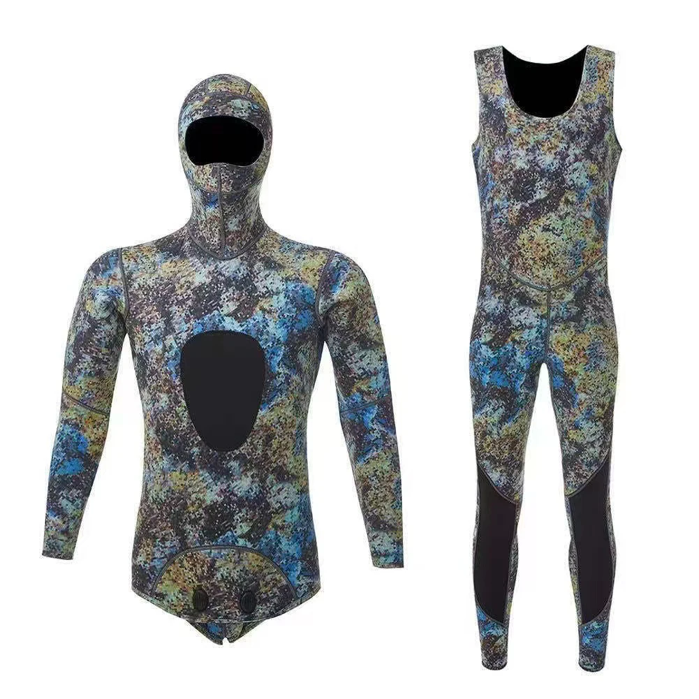 2pcs New 3MM 1.5MM Wetsuit Camouflage Long Sleeve Fission Hooded Neoprene Submersible Suit Warm Scuba Snorkel Diving Suit Men