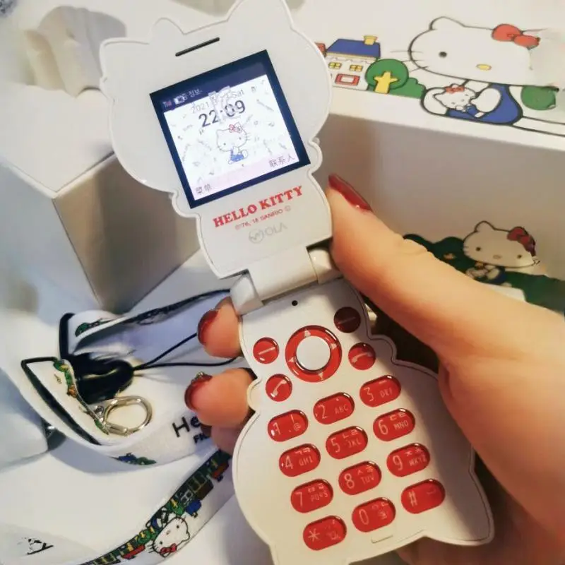 

Милый складной телефон Sanrio, ограниченная серия, с аниме вызовом Hello Kitty, многоязычный переключатель, корейский и английский подарок для детей