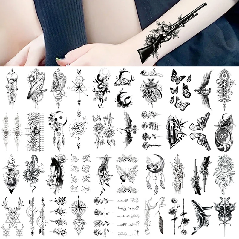 

Временные татуировки с черными геометрическими китами для женщин, взрослых, детей, искусственная татуировка для шеи, рук, маленькая татуировка, одноразовые татуировки, наклейки