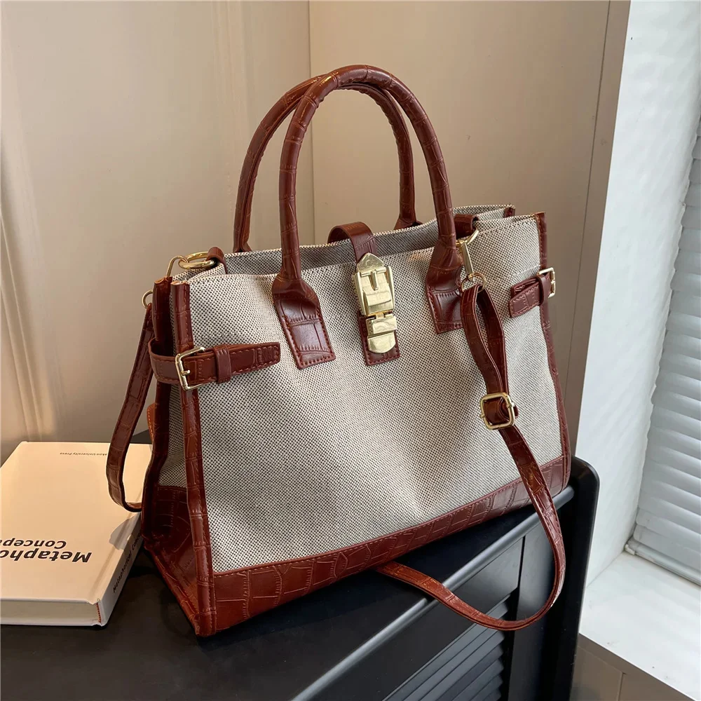 

Toptrends Canvas Leather Large Tote Handbags For Women 2023 Luxury Designer Big A4 Work Office Ladies Shoulder Messenger Bags