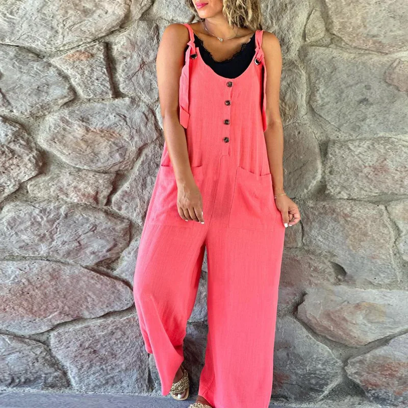 

Sexy U Neck Buttoned Buckle Strappy Bodysuit Jumpsuit Women Spring Solid Cotton Linen Playsuit Summer Backless Wide Leg Overalls