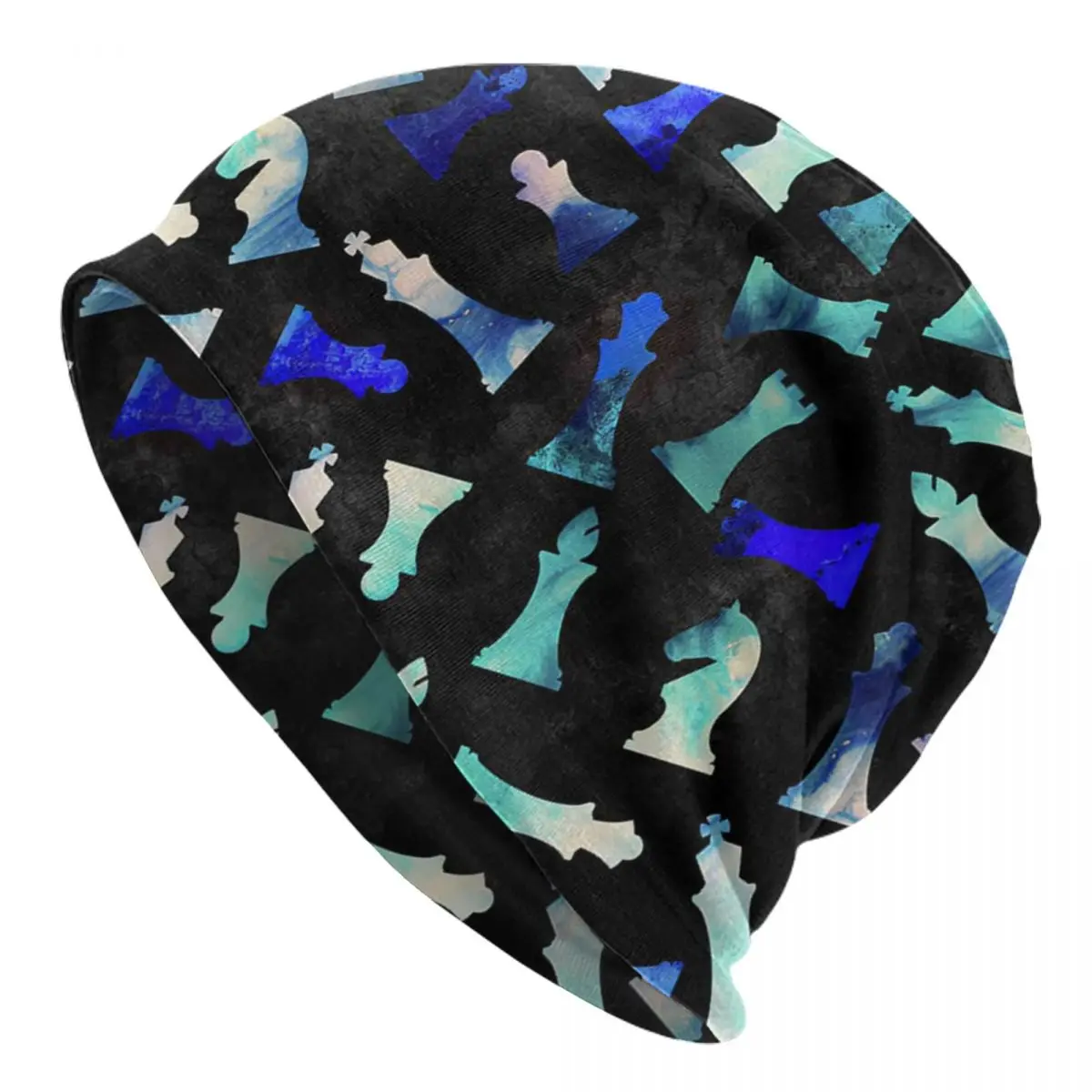 Chess Figures Pattern -Watercolor Blue And Teals Caps Men Women Unisex Streetwear Winter Warm Knit Hat Adult funny Hats