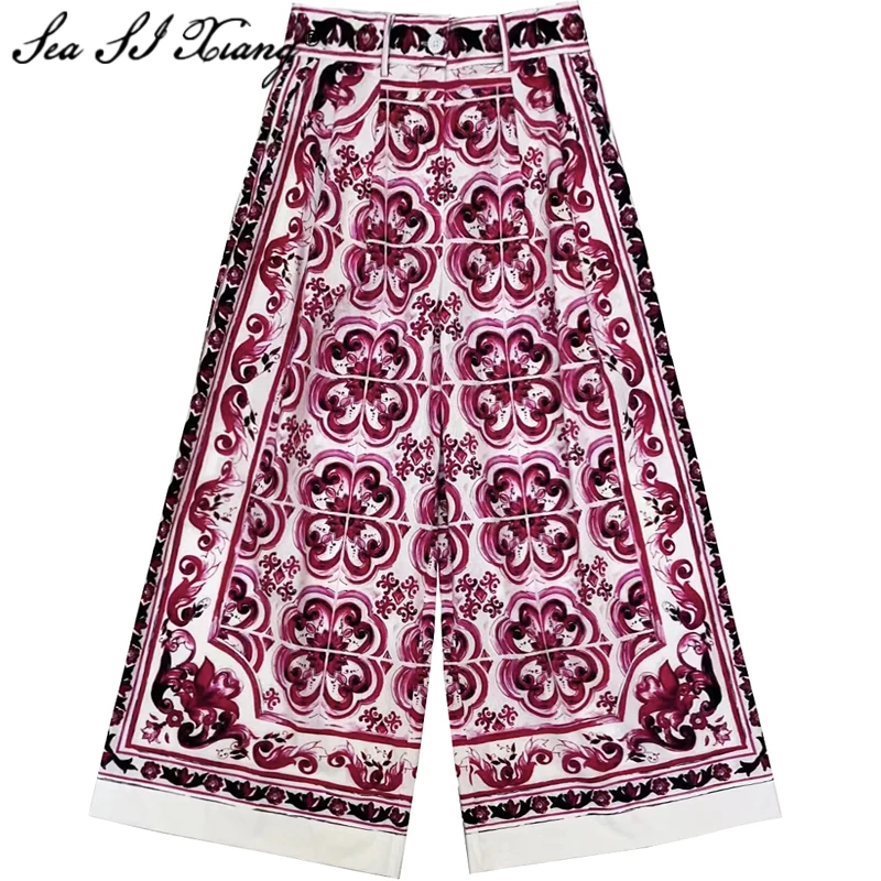 Seasixiang Fashion Designer Summer 100% Cotton Wide Leg Pants Women Red Flowers Print High Street Calf-Length Pants