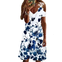 woman dress 2022 summer women short sleeve v neck printing polyester knee length dress maxi dress