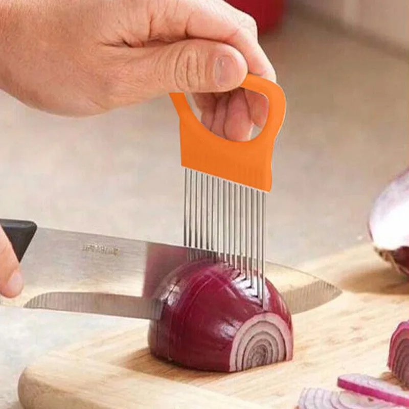 

Magic Kitchen Gadgets Onion Slicer Safe Fork Tomato Vegetables Slicing Safety Aid Holder Cutting Chopper Chips Making Tool