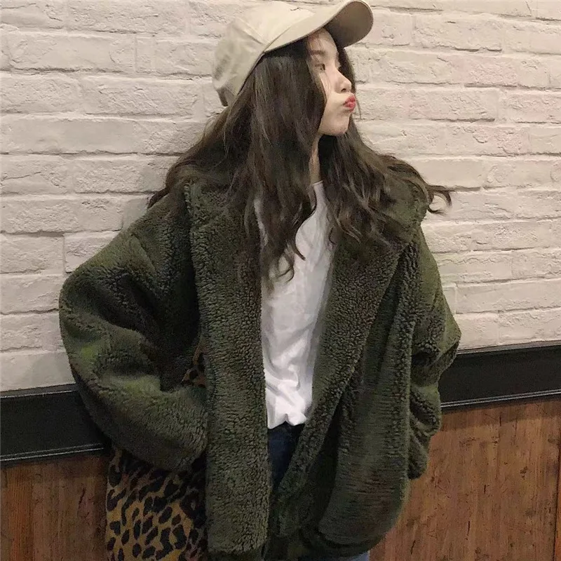 2022 Wintet Vintage Thick Plush Coat Women Korean Loose Zipper Lamb Fleece Jacket Female Lazy Style Warm Outwear Tops