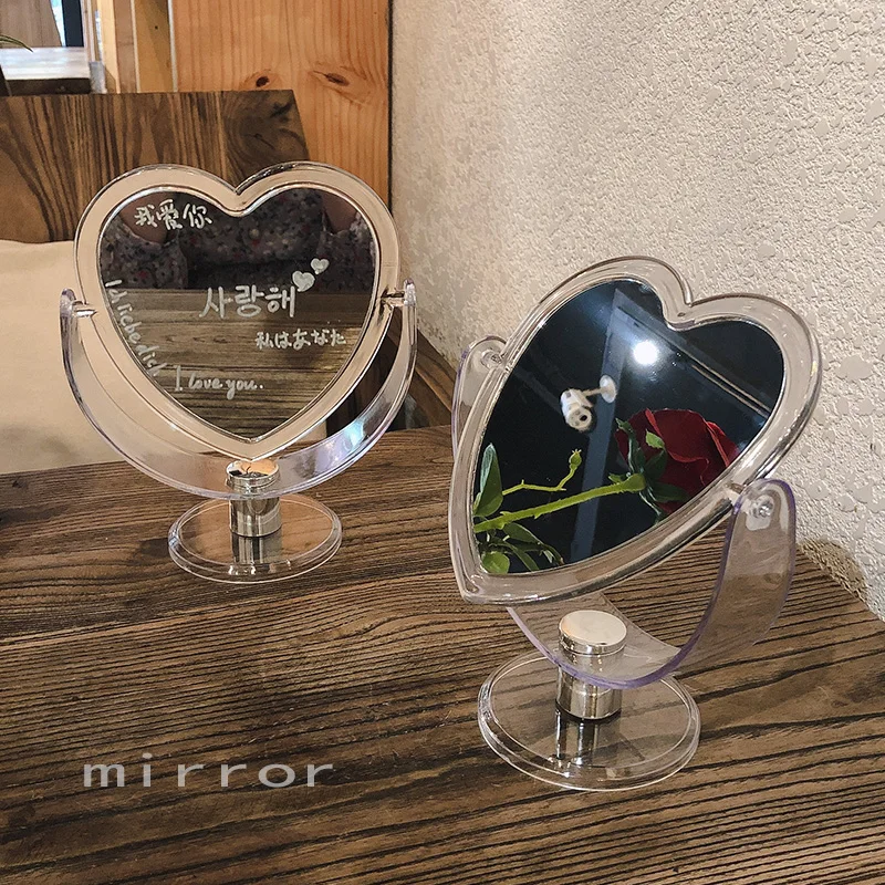 Acrylic Double-sided Heart-shaped Makeup Mirror Rotatable Desktop Stand Table Compact Mirror Dresser 3 Color
