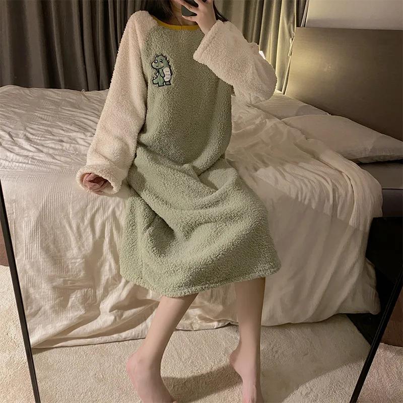 Flannel Pyjamas Autumn Winter Thick Coral Velvet Nightgowns Long Sleeve Sleepwear Female Homewear Women Sleep Dress Warm