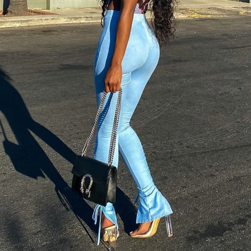 

Ladies Elastic Women 2021 Fashion Slit Tight High Waist Casual Wide-leg Trousers Women Flared Trousers Draped Jogging Pants