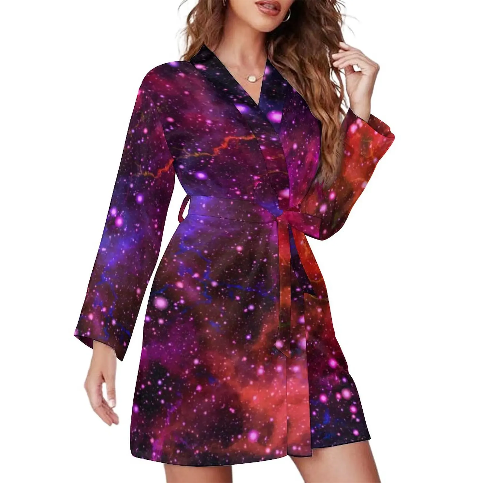 

Nebula Galaxy Sky Pajama Robe V Neck Stars Space Design Fashion Dresses Female Long Sleeve Leisure Sleepwear Print Pajamas Robes