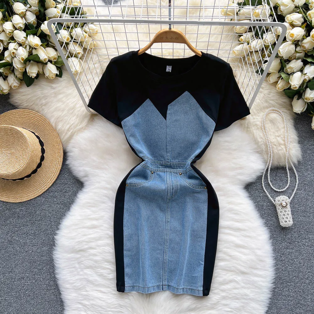 

Korean Version of The Chic Design Sense Stitching Denim Short-sleeved T-shirt Dress Women's Slim and Slim Bag Hip Skirt
