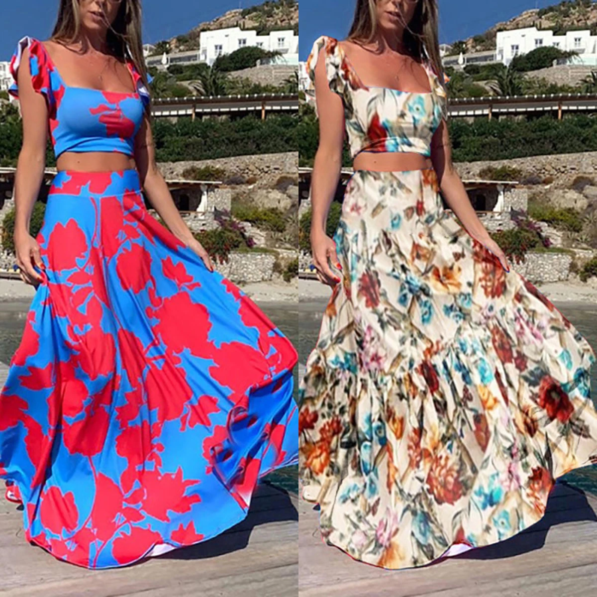 

Соблазнительное Цветочное платье до пупка, костюм из двух частей, нежные ретро-платья, длинные винтажные приталенные платья подружки невес...