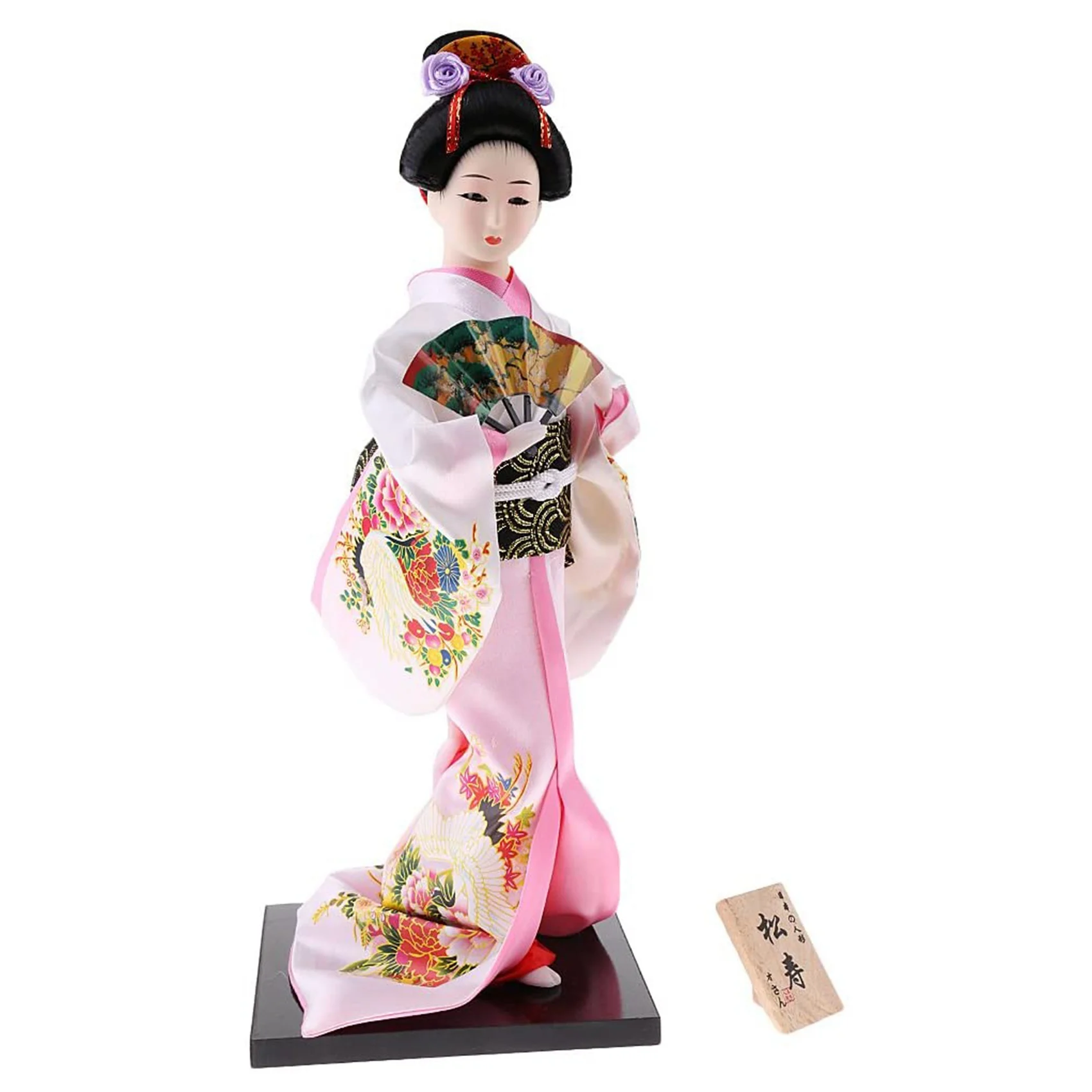 

12Inch Japanese Doll Figurine with Fan Ornaments Gift Art Craft Collectables Pink Cloth Gift for Girl