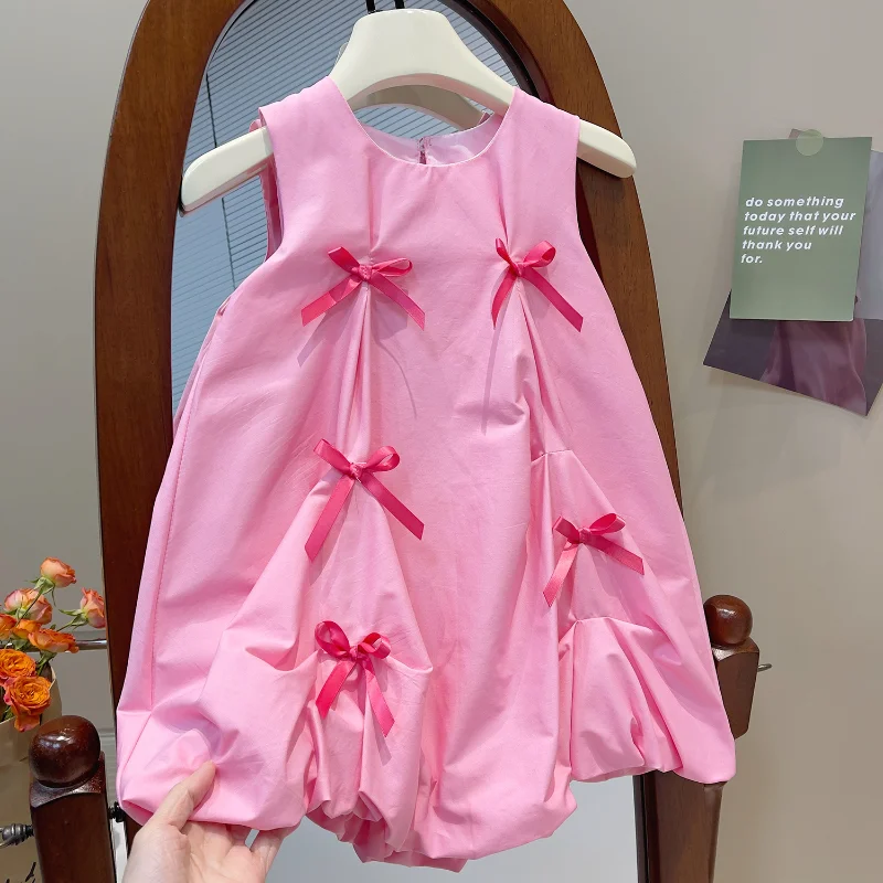 

2023 Summer Girls Korean Sleeveless Dress Baby Bow Cotton Inner Skirt Children Pink Color From 1 To 7 Years Frocks Round Neck