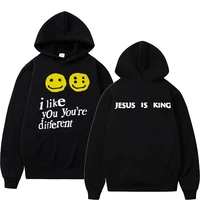 graffiti smile face i like you youre different jesus is king kanye west hip hop rapper print hoodie men women casual sweatshirt