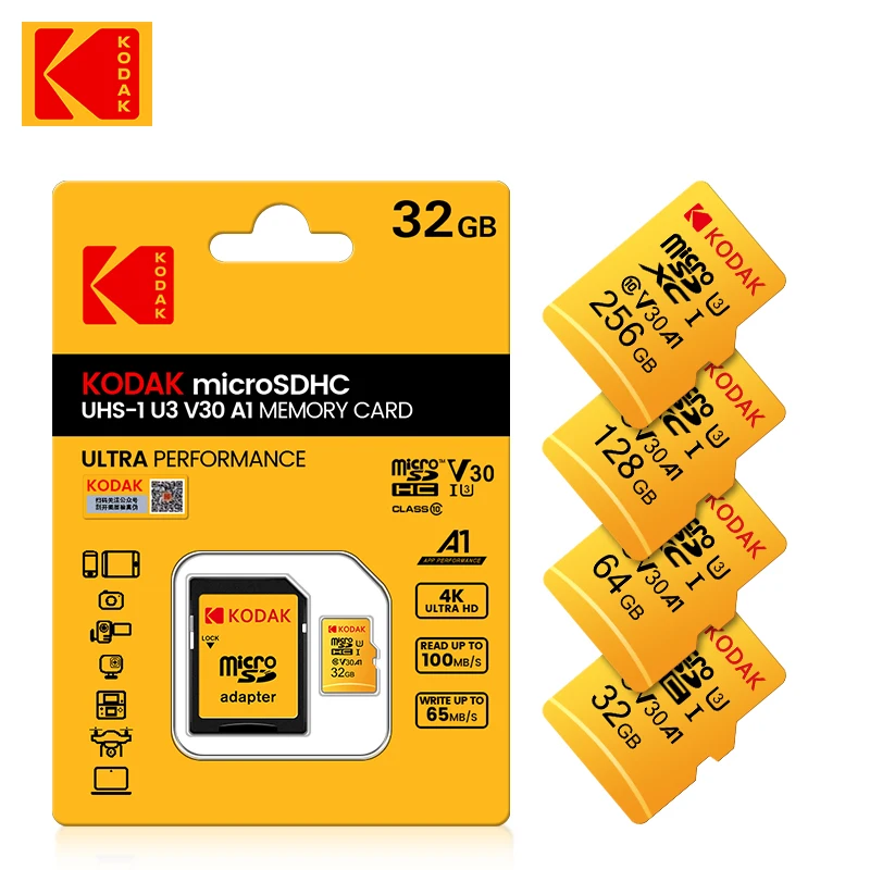 Карта памяти Kodak Micro SD 128GB 64GB 256GB 32GB высокой скорости памяти U3 A1 V30 класса 10 TF для адаптера, бесплатная доставка.