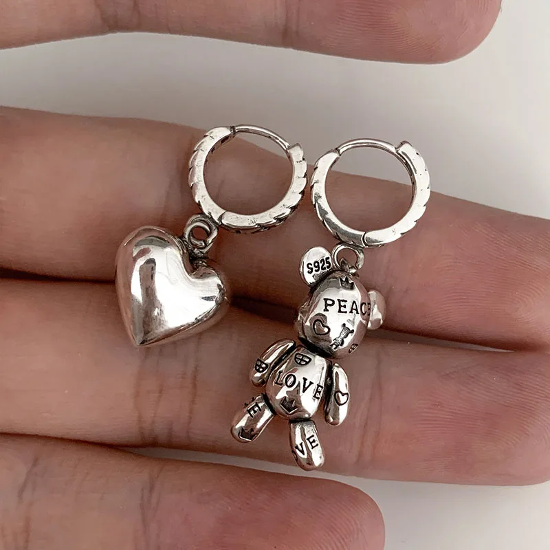 

Vintage Stud Earrings Women 925 Silver Plate Prevent Allergy Bear Heart Asymmetric Dangle Hoop Ear Piercing Party Jewelry Gift