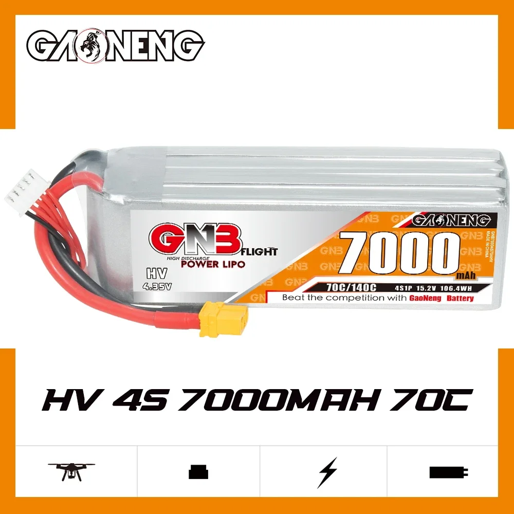 

Gaoneng GNB 4S1P 7000mAh 15.2V 70C/140C Light Weight HV Lipo Battery With XT90S Plug For UAV RC Car Boat FPV Drone Helicopter