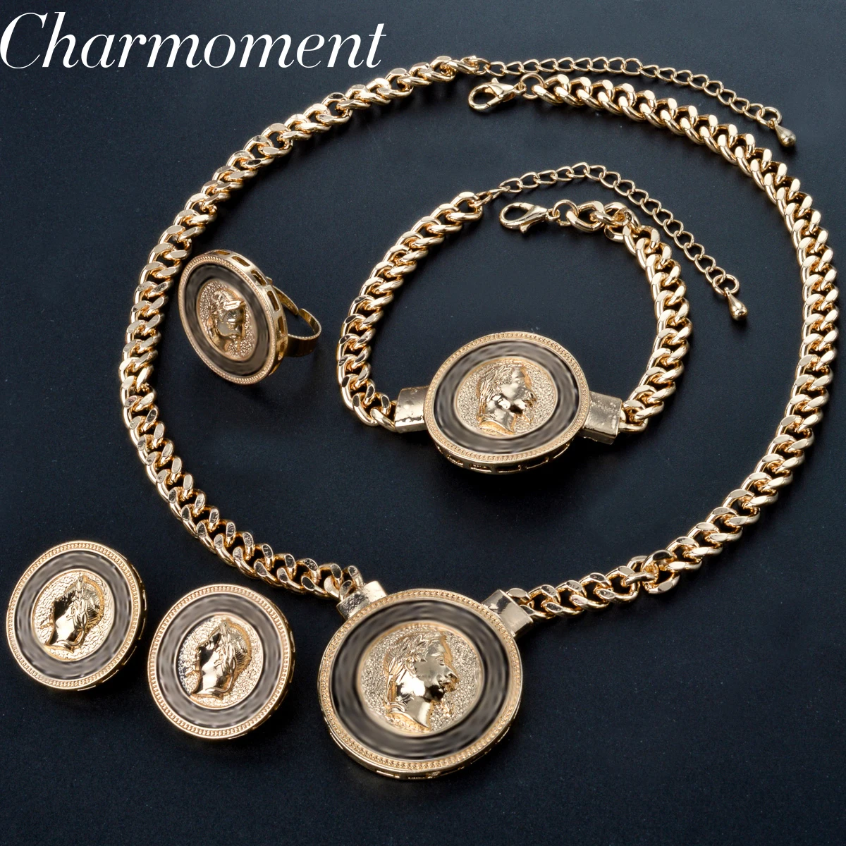 

Luxury Dubai Jewelry Set for Women Fashion Gold Color Wedding Gift Necklace Bangles Earrings Adjustable Ring Jewelry Accessories