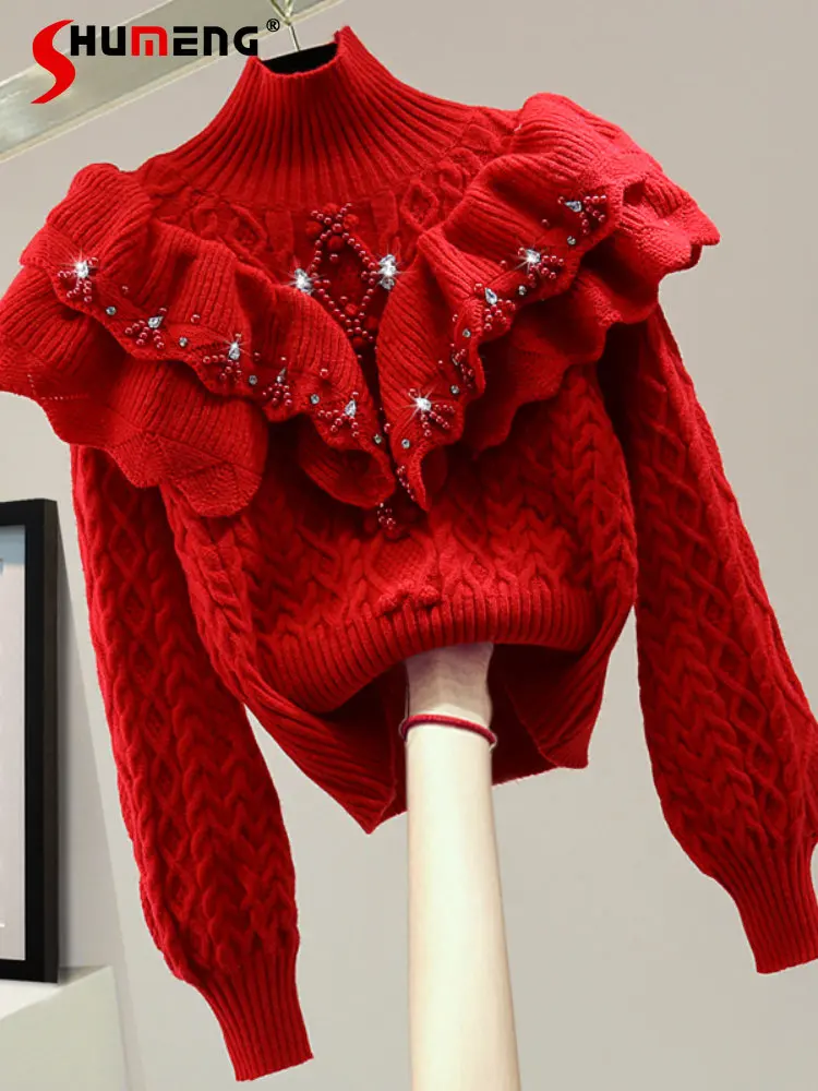 Ladies Beads Rhinestones Ruffled Turtleneck Cable-Knit Sweater 2022 Autumn and Winter Woman Loose Slimming Solid Color Knitwear