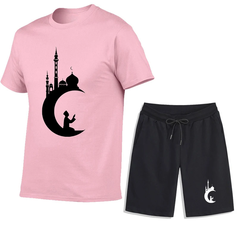 

Summer Men's Muslim Style Print Sportswear Suit Comfortable Breathable Fashion Short Pants+Short Sleeve T-shirt Set Streetwear