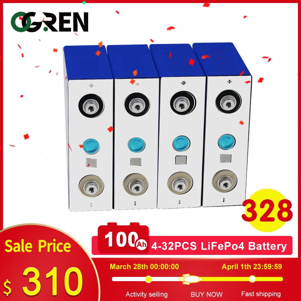 

4-32PCS 3.2V 100AH Lifepo4 Grade A DIY 12V 24V 48V Rechargable Battery Pack Deep Cycle With Free Busbars For RV Boat Tax Free