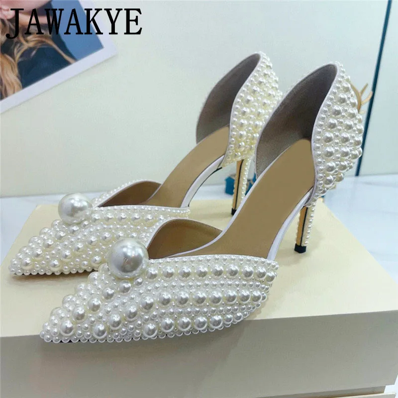 

Luxury Brand Pearl Wedding Pumps Pointy Toe Women's Sandals Female Banquet Sandals Shoe For Women Beige Bow Knot Slingback mujer