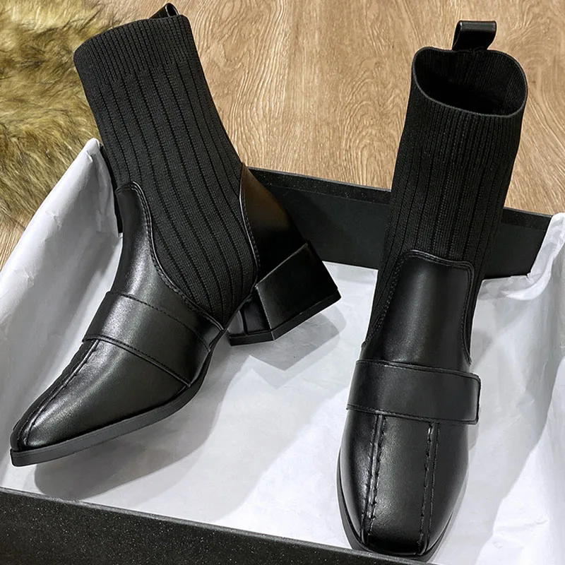 

Women Knitting Ankle Sock Boots 2022 Winter New Fashion Chelsea Boots Thick Pumps Casual Shoes Ladies Walking Shoes Snow Botas