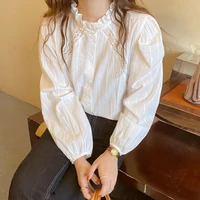 korean romantic women shirt sweet lace stitching long sleeved stand collar button up camisas mujer blusas mujer de moda 2022
