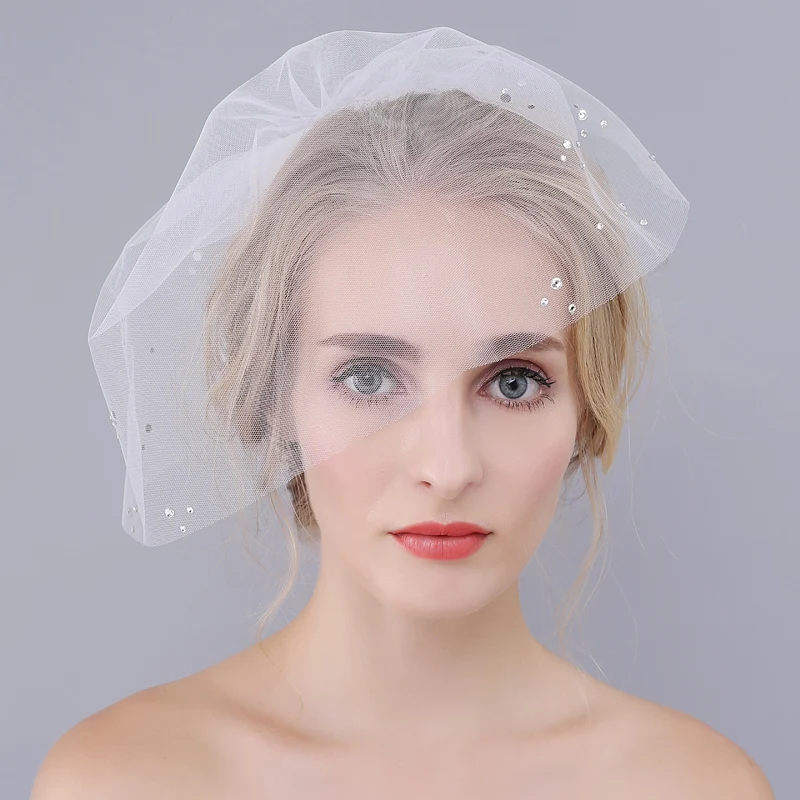 

O922 Simple Wedding Bridal Blusher Veil One-Layer Plain Tulle Cut Edge Crystal Beaded Marriage Bride White Short Veil