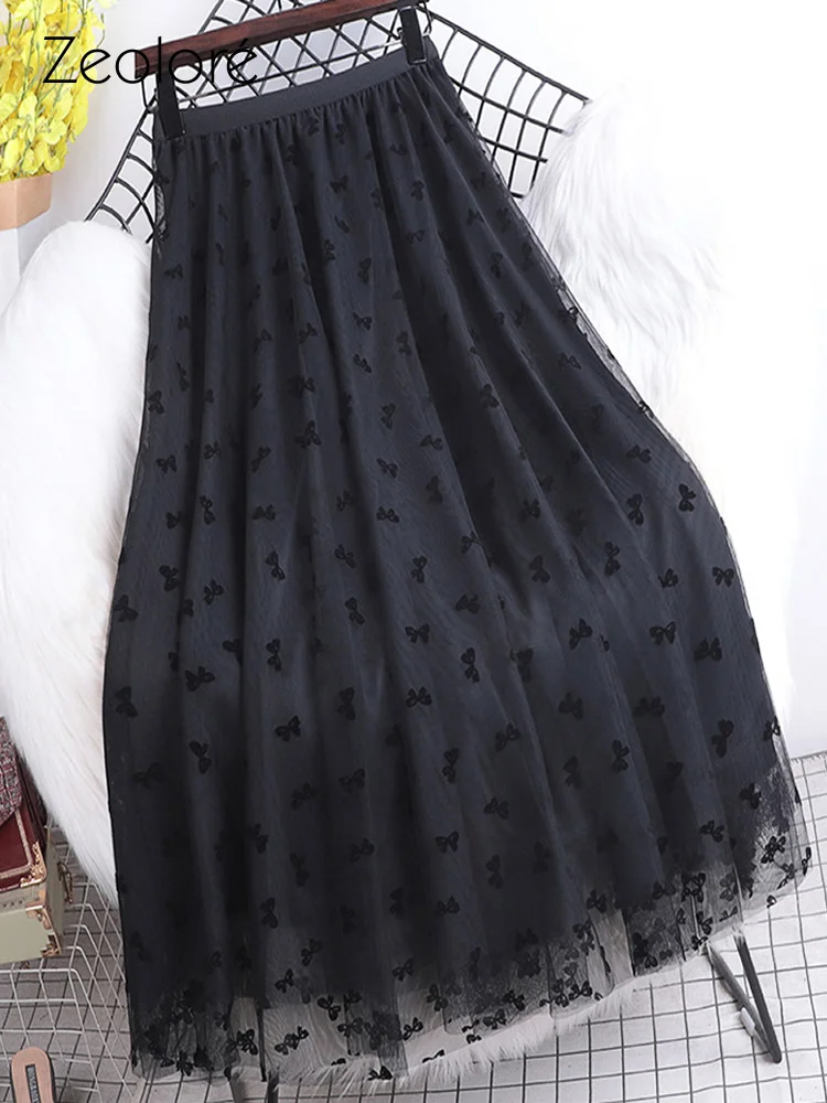 

Zeolore Spring Summer Floral Mesh Skirt Mid-length Fluffy Gauze Skirt Bow A-line Women Skirt QT1673