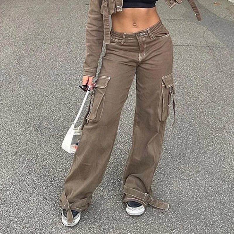 

Джинсы-багги в стиле Харадзюку с прострочкой и карманами Y2k, уличная одежда, прямые брюки-карго с низкой посадкой, повседневные женские джин...