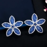 threegraces korean style blue cubic zirocnia big flower shape stud earrings for women wedding engagement fashion jewelry er380