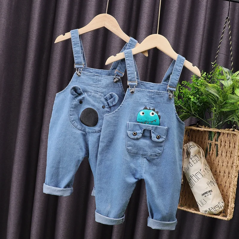 

2022 Baby Spring Jeans Overalls Blue Toddler Long Pant Kids Denim Rompers Cartoon Bear Dinosaur Baby Girls Boys Jumpsuit FY01122