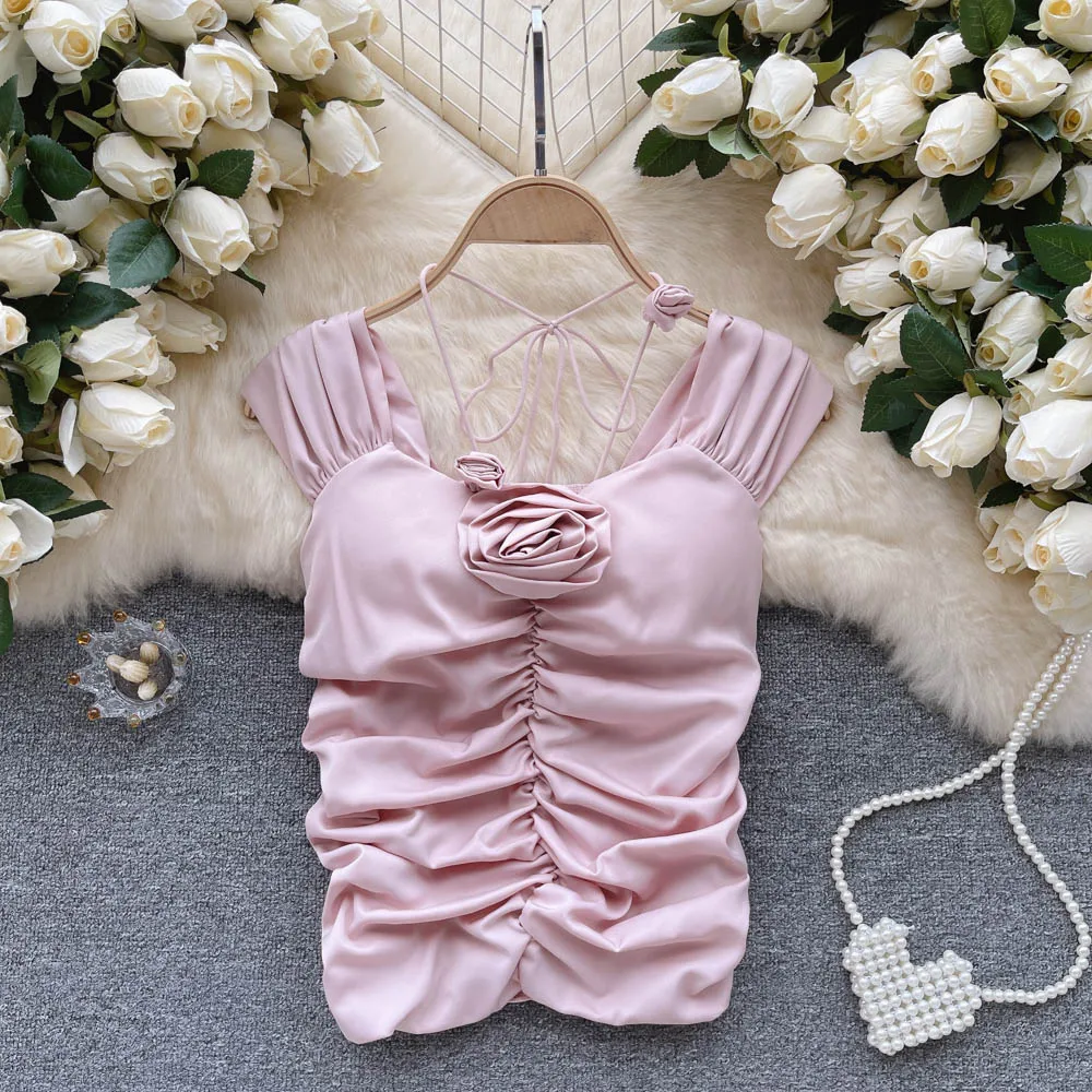 

Women's Elegance Tie Flowers Crop Top Fold Halter Lacing Solid Color Camis With Chest Pad Korean Style Bodysuit Floral Tank Tops