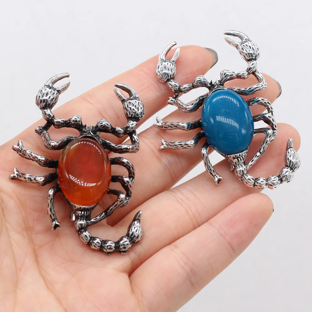 

8PCS Natural Stone Agate Tiger Eye Jade Shell Alloy Spider Pendant For Jewelry MakingDIY Necklace Earring Accessories Charm Gift