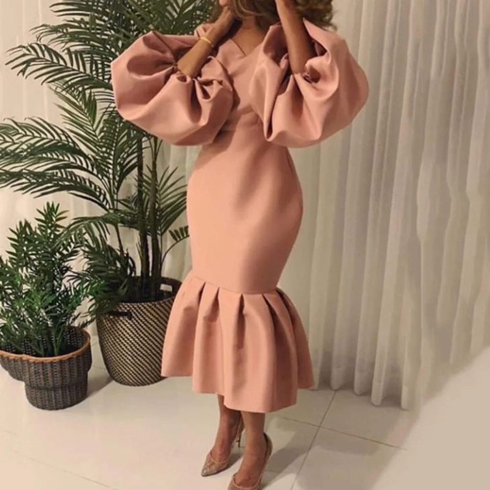 

Elegant Dresses for Women Solid Mermaid Bodycon High Waisted Lantern Sleeve Fashion Evening Night Party Club Long Vestidos Mujer