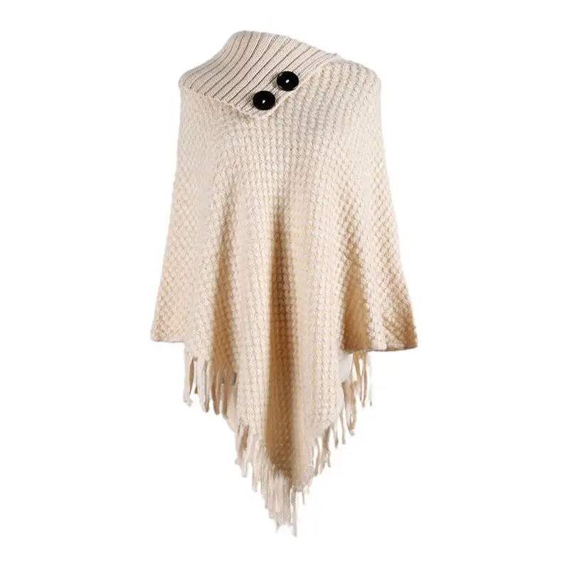 

Women Knitted Pullover Sweater Top Half Opened Collar Buttons Warm Shawl Wrap Fringe Tassels Hem Solid Color Poncho Cape