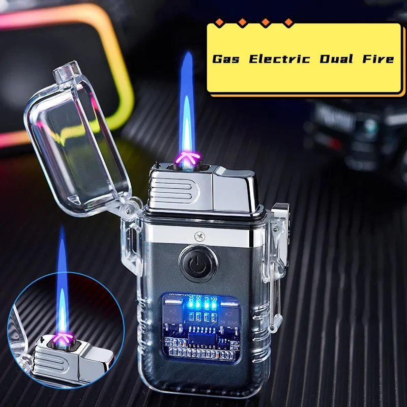 

Transparent Waterproof Gas Electric Dual Fire USB Plasma Electric Lighter Outdoor Windproof Turbine Torch Lighter Men's Gift
