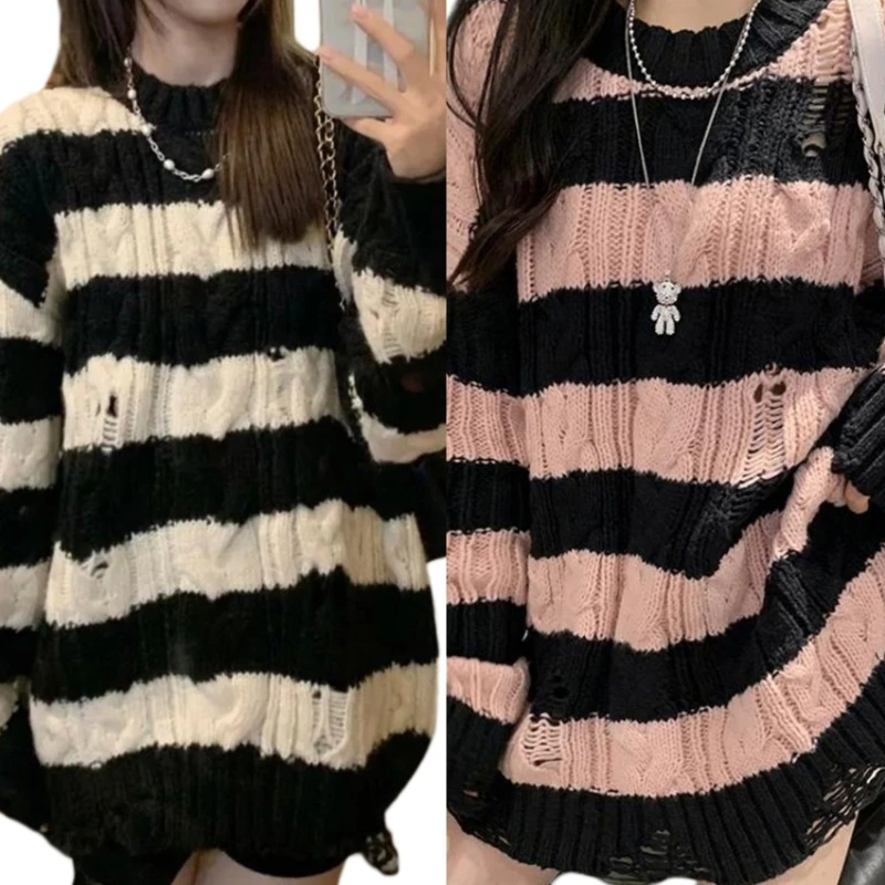 

Women Knitted Long Sleeve Crewneck Jumper Top Striped Ripped Sweater Streetwear