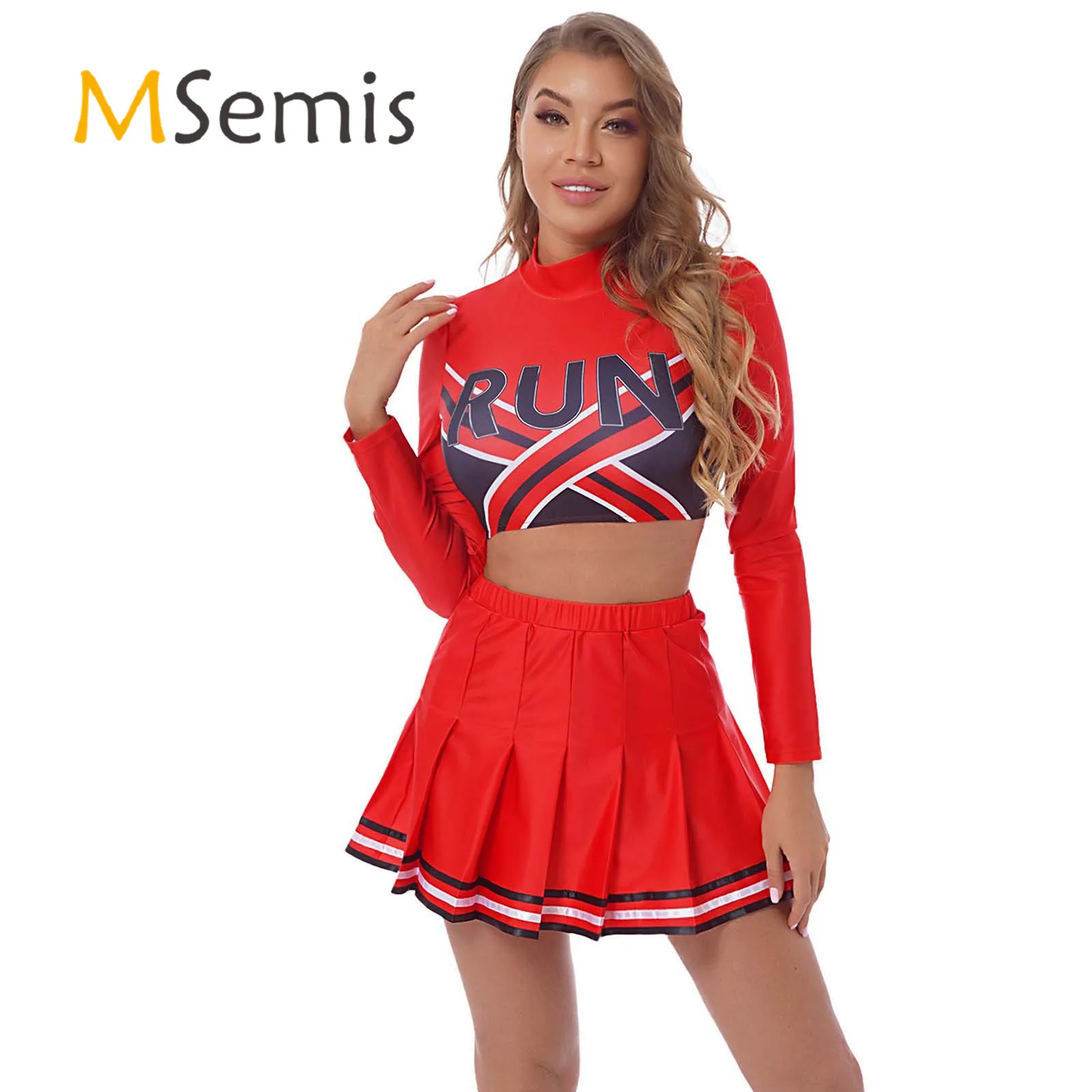 

Womens Cheerleading Uniform Mock Neck Long Sleeve Run Print Crop Tops and Pleated Skirt Set Activewear Cheerleaders Dance Suit