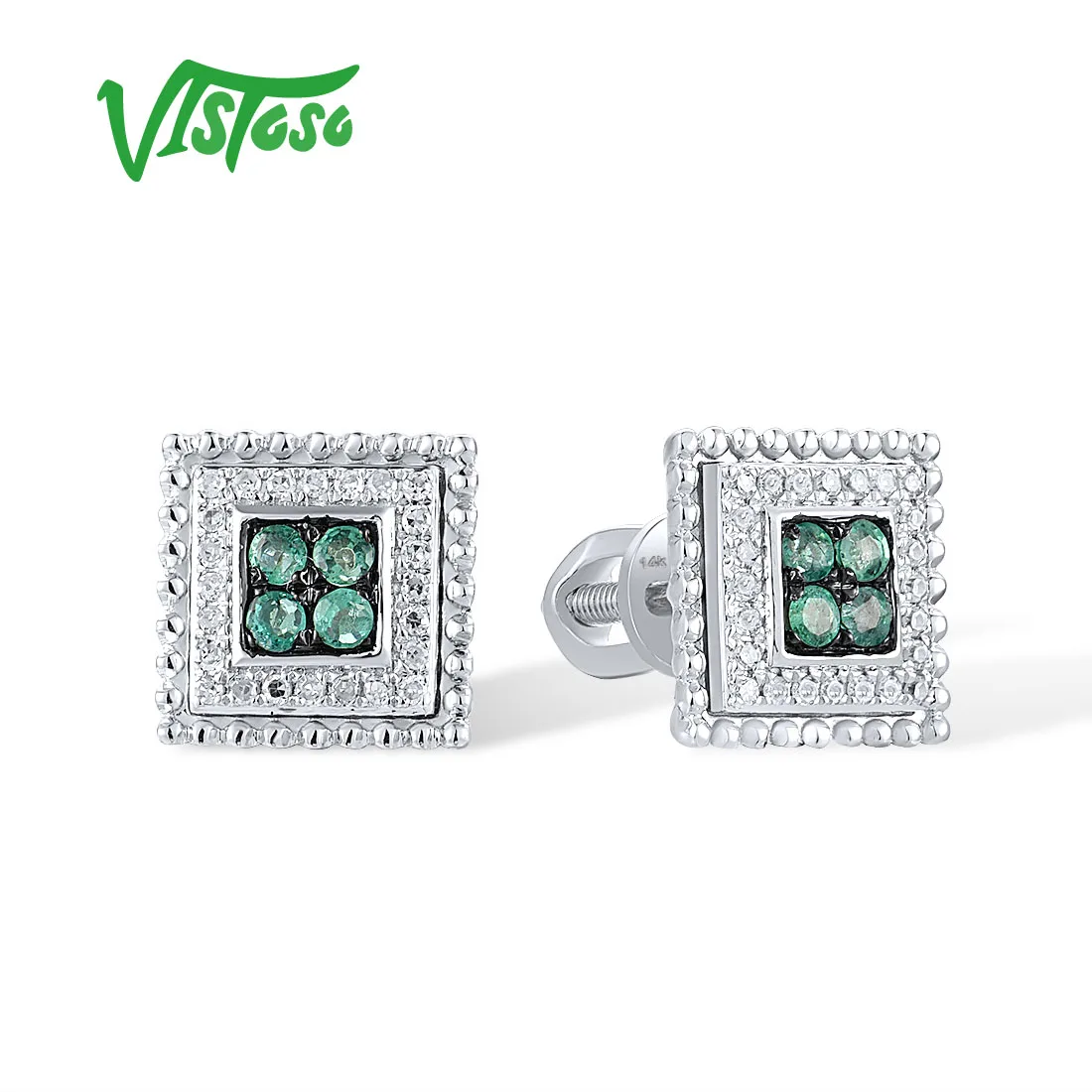 

Женские серьги с изумрудами VISTOSO, из белого золота 14 к 585 пробы, со сверкающими квадратными фигурами и бриллиантами, модные и простые ювелирные украшения из драгоценных камней