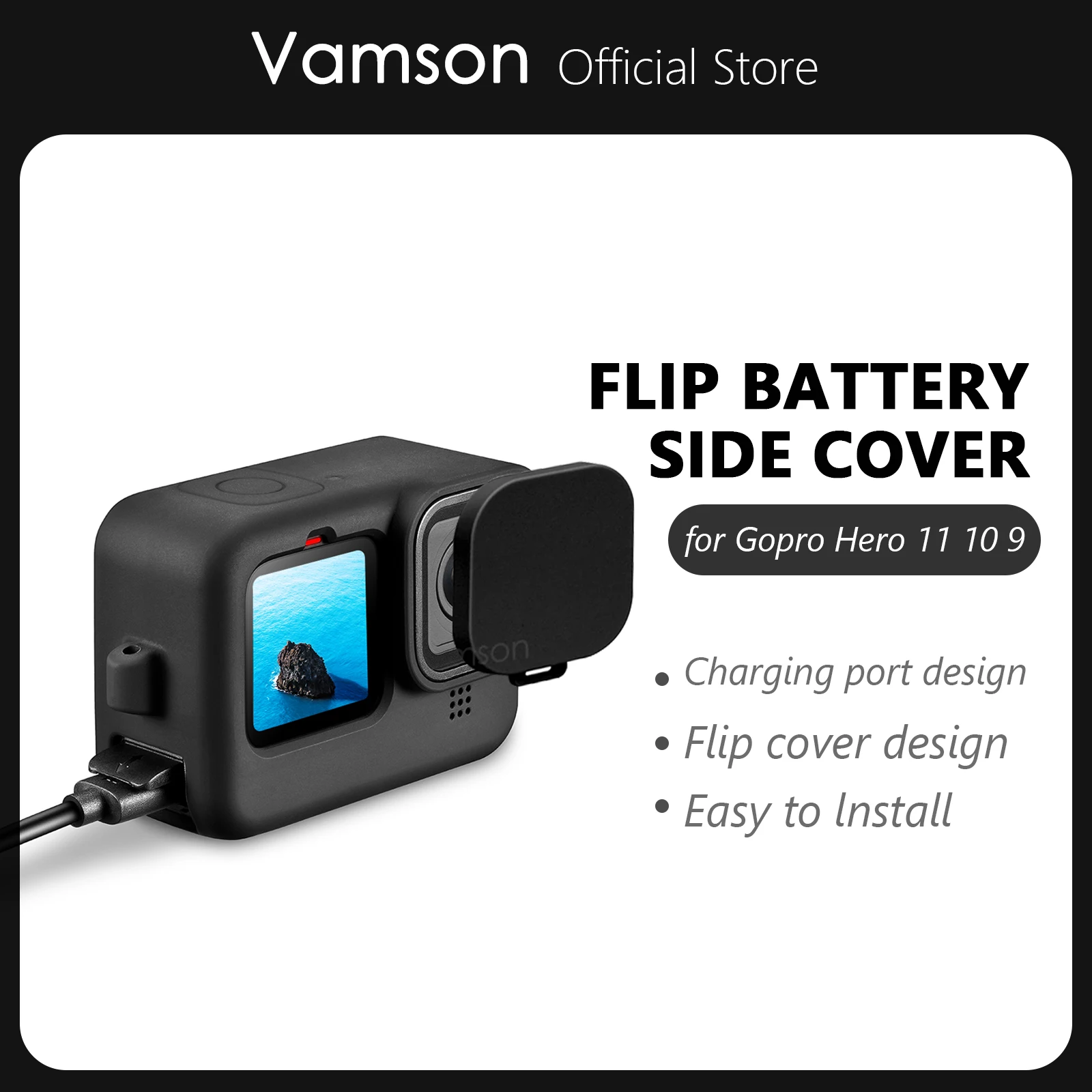

Vamson Battery Side Cover with Silicone Case for GoPro Hero 11 10 9 Black Removable Flip Battery Door for GoPro 10 9 Accessories