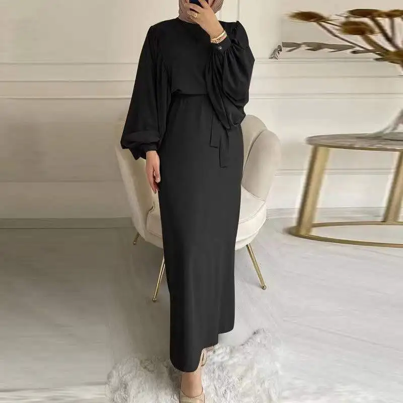 

2023 Muslim Fashion Lantern Sleeve Bundle Waist Wrap Hip Round Neck Long Sleeve Women's Modest Abayas for Women Islamic Clothing