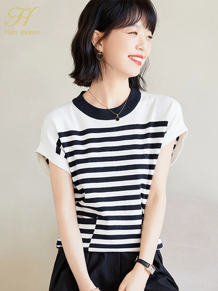 

H Han Queen 2023 Summer Elegant Office Blusas Stripes Vintage Tops New Elegant Knitted Women Blouses Short Sleeve Casual Shirts