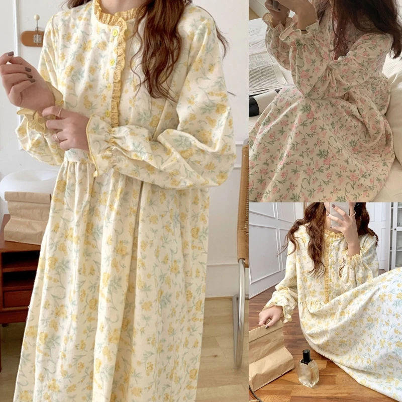 Women Puff Long Sleeve Nightgown Sweet Ruffles Trim Buttons Floral Print Sleep Dress Full Length Loose Pajamas Sleepwear 37JB