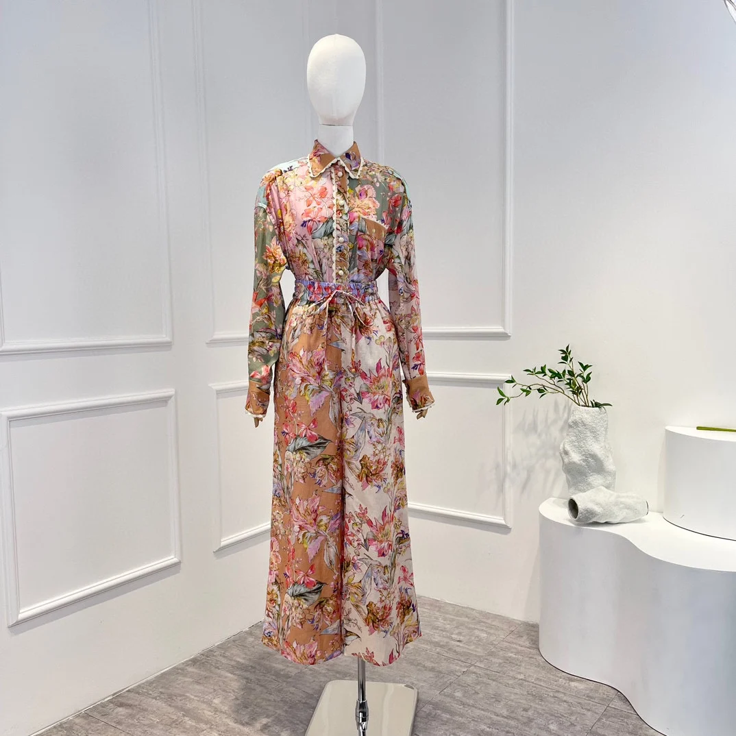 

2023 Spring New Top Quality Pure Linen Floral Printing Vintage Loose Blouse Midi Wide Leg Pants Matching Sets Lady