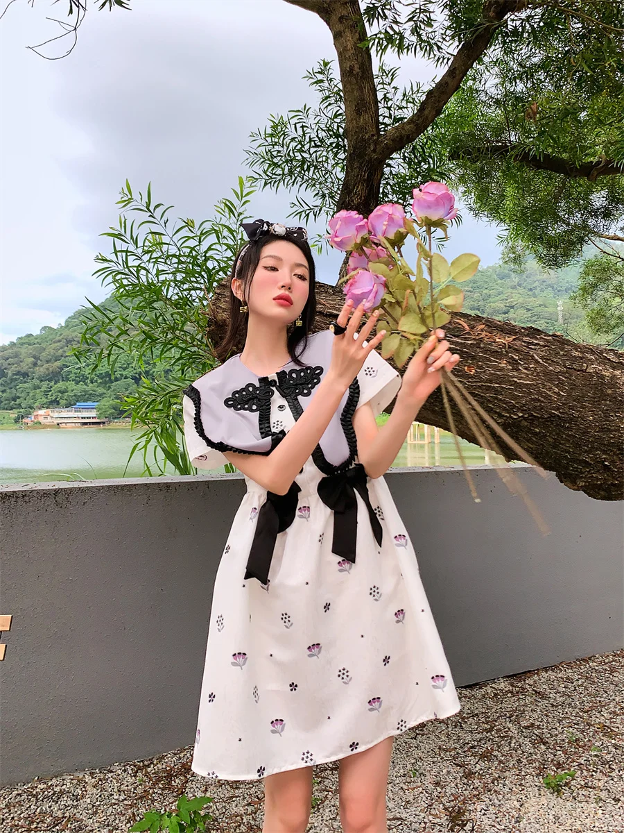 

ZCSMLL Vintage Sailor Collar Floral Korean Fashion Desinger Dress Women Summer Short Sleeve White Kawaii Cute Dress Clothes