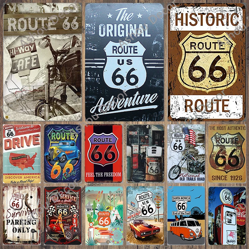 

Ashou Route 66 Garage Bar Accessories Decor Tin Sign Vintage Metal Plate Man Cave Iron Painting Room Farmhouse Wall Decoration